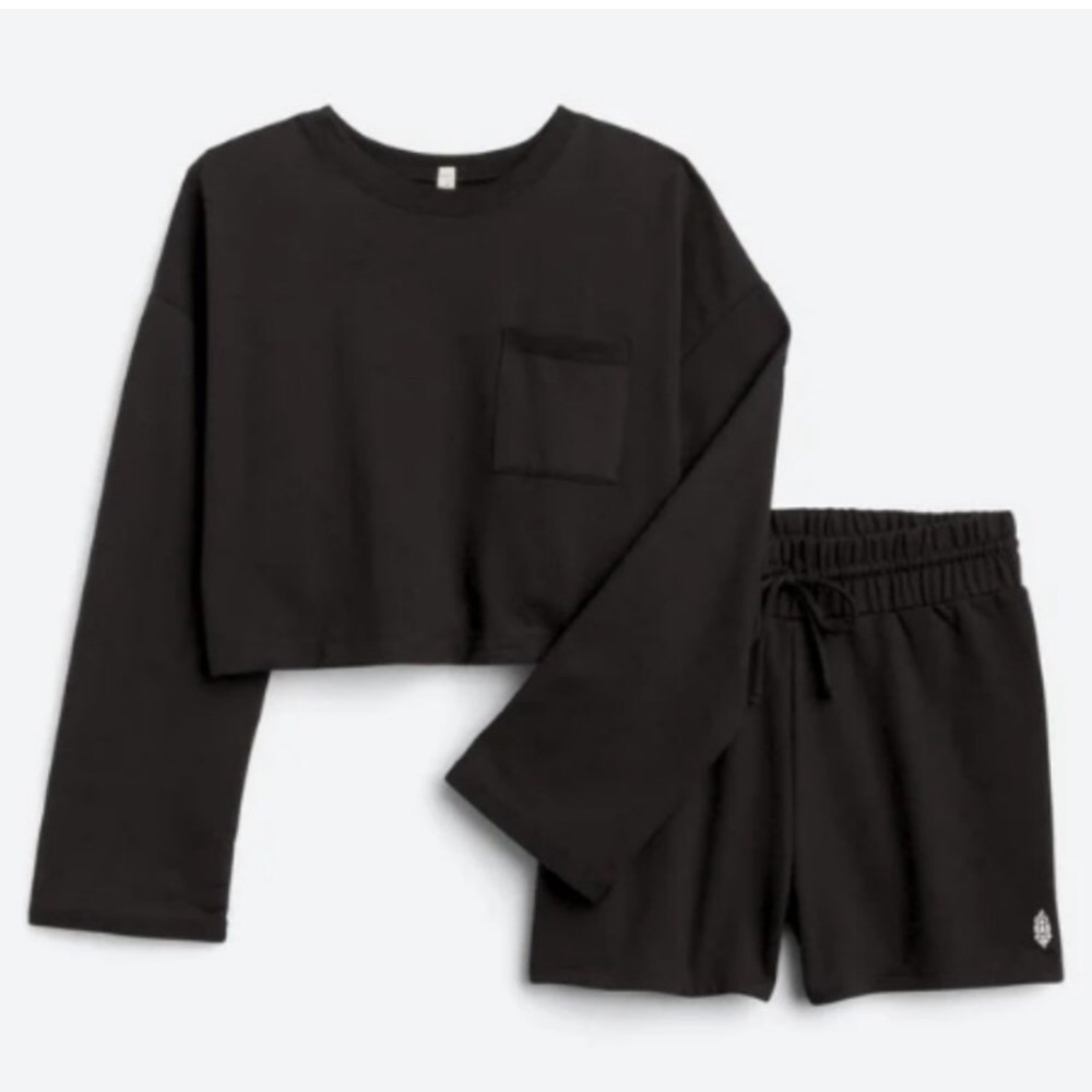 Free People 2 Piece Set, Sunny Set Athleisure Lounge Cropped Sweatshirt & Shorts - Picture 2 of 10